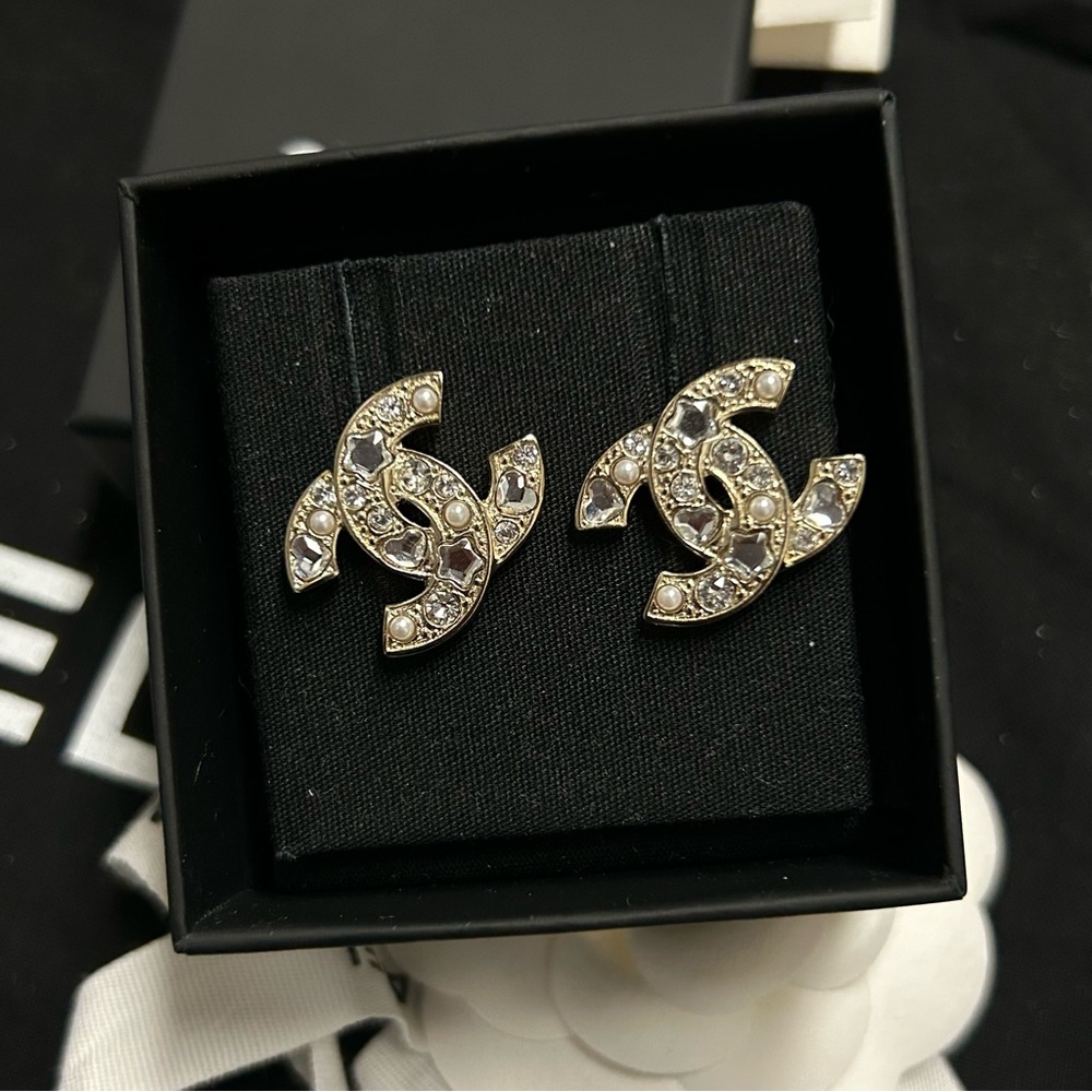 CHANEL Earrings Gold and Silver Crystal Logo - Picture 2 of 5